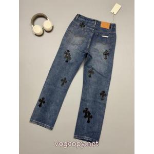 Chrome Hearts/クローハートクラシックなブルーの黒革クロスの合皮ジーンズ