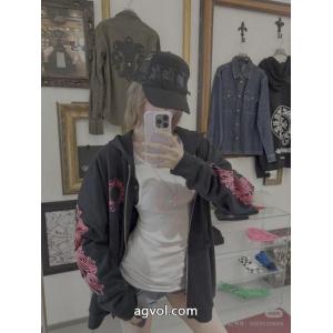 Chromehearts/クローハートクラシックロングブルーの馬蹄ファスナーカーディガンジャケットプリント帽パーカー男女同型