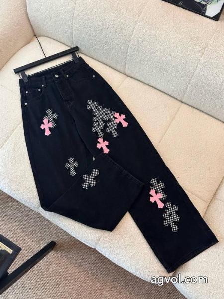 Chrome Hearts金具碁盤目ピンククロスレザーデニムパンツ 1