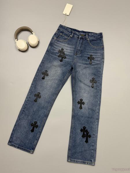 Chrome Hearts/クローハートクラシックなブルーの黒革クロスの合皮ジーンズ 0 